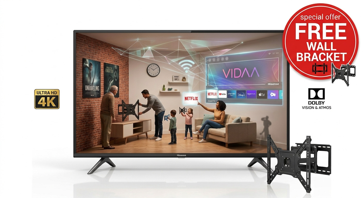 Hisense 55" Smart TV with Wi-Fi + Free Wall Bracket - A6Q